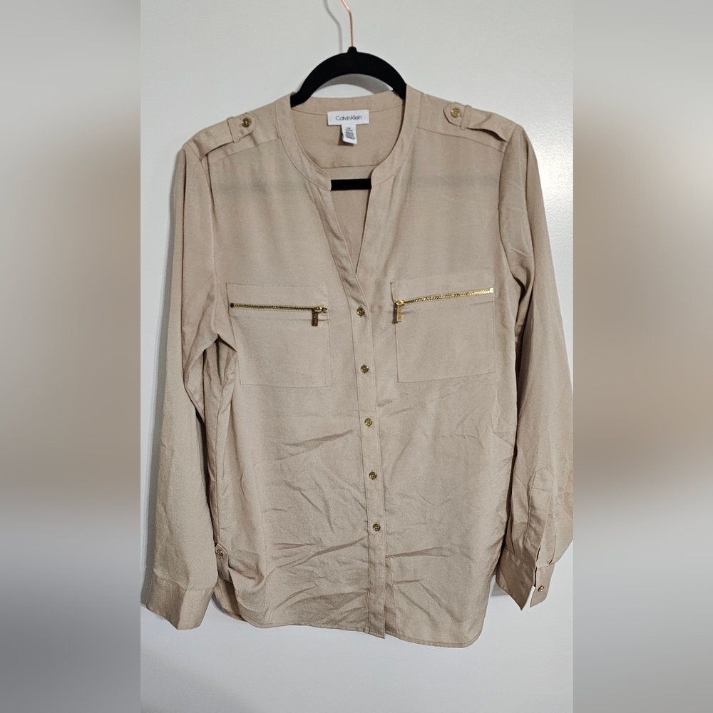 Calvin Klein Light Tan Blouse with Gold Zippers
